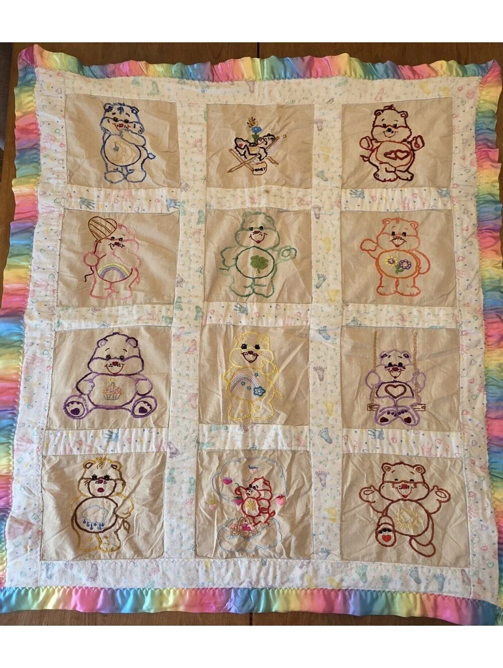 Vintage 1980s Handmade Care Bears Quilt – 12 Embroidered Bears